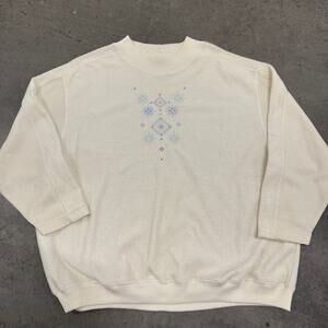 Vintage 90's Y2K White Cream Snowflake Winter Crewneck Pullover Sweatshirt XL